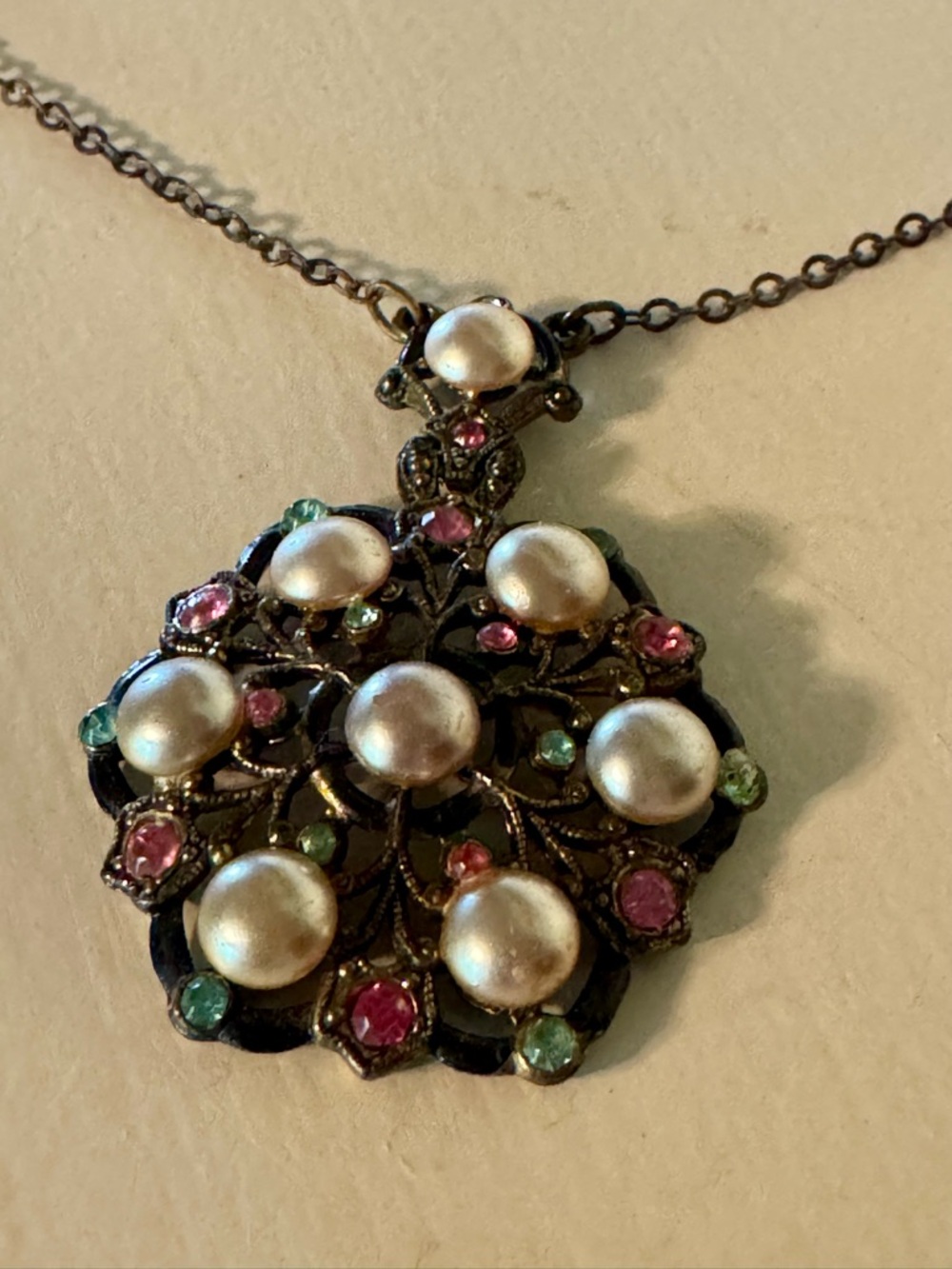 Lovely Vintage Pearl and Rhinestone Pendant Necklace